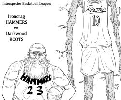 Rule 34 | 2boys, bad id, bald, ball, basketball, basketball (object), basketball uniform, bb (baalbuddy), beard, closed mouth, commentary, dwarf, english commentary, english text, facial hair, greyscale, headband, height difference, highres, holding, holding ball, inactive account, looking at viewer, male focus, monochrome, multiple boys, original, sanpaku, simple background, sportswear, treant, white background