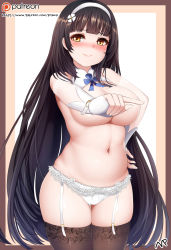 Rule 34 | 1girl, 3:, absurdres, artist name, bad id, bad pixiv id, black hair, black thighhighs, blunt bangs, blush, breasts, cleavage, closed mouth, cowboy shot, curvy, fingerless gloves, garter straps, girls&#039; frontline, gloves, hairband, hand on own hip, highres, index finger raised, lace, lace-trimmed panties, lace trim, large breasts, light smile, lingerie, long hair, looking at viewer, mapar, navel, panties, signature, smile, solo, tareme, thighhighs, thighs, type 95 (girls&#039; frontline), underwear, very long hair, watermark, web address, white gloves, white panties, yellow eyes