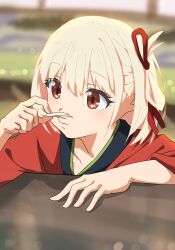 Rule 34 | 1boy, absurdres, blonde hair, blurry, blurry background, closed mouth, commentary, depth of field, hair between eyes, hair ribbon, hand on table, highres, japanese clothes, kimono, light blush, looking to the side, lycoris recoil, nishikigi chisato, oekakiism, one side up, playing with own hair, red eyes, red kimono, red ribbon, ribbon, short hair, sidelocks, solo