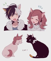 Rule 34 | 1boy, 1girl, ahoge, animal, animal collar, animal ears, blonde hair, blush stickers, cat, cat ears, closed eyes, collar, cropped torso, facing another, fang, fur collar, headphones, highres, long hair, looking at another, maco22, multicolored hair, open mouth, original, red hair, short hair, smile, sweat, sweater, twintails