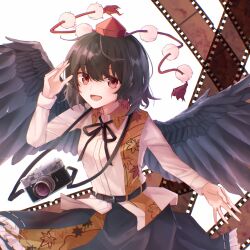 Rule 34 | 1girl, :d, belt, belt buckle, bird wings, black belt, black hair, black ribbon, black skirt, black wings, blush, buckle, camera, camera around neck, collared shirt, commentary, feathered wings, film strip, hair between eyes, hand up, hat, highres, leaf print, long sleeves, looking at viewer, maple leaf print, open mouth, pom pom (clothes), red eyes, red hat, ribbon, shameimaru aya, shirt, short hair, skirt, sleeve cuffs, smile, solo, taguno, tokin hat, touhou, upper body, white shirt, wings