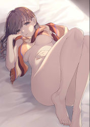 Rule 34 | 1girl, ass, bed sheet, breasts, brown eyes, brown hair, feet, fingernails, gin (oyoyo), hand on own stomach, highres, knees up, long hair, looking at viewer, lying, medium breasts, multicolored clothes, multicolored scarf, naked scarf, on back, on bed, original, parted lips, pillow, scarf, sidelocks, solo, tareme, thighs, toenails, toes, underboob