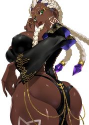 Rule 34 | 1girl, adjusting eyewear, ass, bare shoulders, blonde hair, braid, breasts, closed mouth, commentary request, dark-skinned female, dark skin, dolores (kof), dutch angle, glasses, gold trim, green eyes, hair ornament, highres, ippo, large breasts, lips, long hair, looking at viewer, looking back, multicolored hair, purple hair, shiny skin, simple background, skindentation, snk, solo, tattoo, the king of fighters, the king of fighters xv, thighs, two-tone hair, white background, wide sleeves