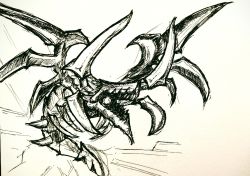 Rule 34 | android, artist request, cyberdark dragon, duel monster, highres, horns, machine, mechanical wings, monochrome, sharp teeth, sketch, teeth, wings, yu-gi-oh!