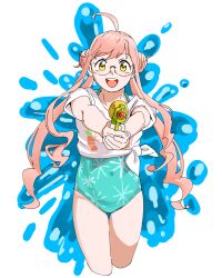 Rule 34 | 1girl, aiming, blue one-piece swimsuit, casual one-piece swimsuit, cropped legs, double bun, floral print, hair bun, highres, kantai collection, long hair, makigumo (kancolle), ojipon, one-piece swimsuit, open mouth, pink hair, round teeth, semi-rimless eyewear, shirt, smile, solo, swimsuit, teeth, tied shirt, twintails, under-rim eyewear, upper teeth only, water gun, white shirt, yellow eyes