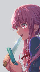 Rule 34 | 1girl, blush, bow, cellphone, commentary request, flip phone, gasai yuno, grey background, hair between eyes, hair bow, highres, hirose yuki, holding, holding knife, knife, long hair, looking afar, mirai nikki, open mouth, phone, pink eyes, pink hair, red bow, school uniform, simple background, solo, teeth, upper body, upper teeth only, yandere