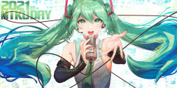 Rule 34 | 1girl, 39, b.c.n.y., bare shoulders, beckoning, detached sleeves, female focus, fingernails, foreshortening, graviton beam emitter, green eyes, green hair, green nails, green necktie, hatsune miku, highres, holding, holding microphone, long fingernails, looking at viewer, matching hair/eyes, microphone, music, nail polish, necktie, open mouth, reaching, reaching towards viewer, shirt, simple background, singing, sleeveless, sleeveless shirt, solo, teeth, twintails, upper body, upper teeth only, vocaloid