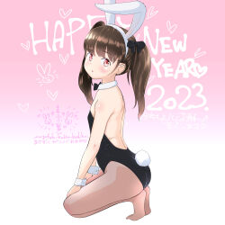 Rule 34 | 1girl, 2023, absurdres, animal ears, bare shoulders, black bow, black bowtie, black leotard, blush, bow, bowtie, brown hair, brown pantyhose, chinese zodiac, collar, commentary request, detached collar, from side, full body, hair bow, hairband, happy birthday, highres, kneeling, leotard, long hair, looking at viewer, looking to the side, mayafufu, no shoes, original, pantyhose, parted lips, playboy bunny, profile, rabbit ears, rabbit tail, red eyes, revision, soles, solo, strapless, strapless leotard, tail, text background, translation request, twintails, white collar, white hairband, wrist cuffs, year of the rabbit