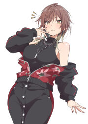 Rule 34 | 1girl, aketa mikoto, arm at side, black shirt, black skirt, breasts, brown eyes, brown hair, chain, chain necklace, closed mouth, earrings, eitopondo, gradient hair, green hair, hand up, highres, idolmaster, idolmaster shiny colors, jacket, jewelry, large breasts, long sleeves, medium hair, multicolored eyes, multicolored hair, nail polish, necklace, off shoulder, partially unzipped, red nails, shirt, simple background, skirt, sleeveless, sleeveless shirt, solo, split mouth, white background, yellow eyes