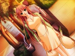 Rule 34 | 1girl, :o, akibakei kanojo, aoi ren, bag, belt, blouse, blush, breasts, carrying, cleavage, crop top, dress, dutch angle, embarrassed, food, game cg, green eyes, groceries, jewelry, large breasts, long hair, necklace, open mouth, orange hair, outdoors, sano toshihide, shirt, shopping, solo, spring onion, standing, sunset, surprised, tree, wide hips