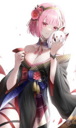 Rule 34 | 1girl, bare shoulders, black kimono, breasts, cleavage, closed mouth, commentary request, cup, detached collar, flower, fox mask, hair flower, hair ornament, highres, holding, holding cup, holding mask, hololive, hololive english, iro (iro 252 ), japanese clothes, kimono, large breasts, looking at viewer, mask, mori calliope, mori calliope (new year), nail polish, pink flower, pink hair, red eyes, red nails, sakazuki, short hair, simple background, smile, solo, tassel, virtual youtuber, white background, wrist cuffs