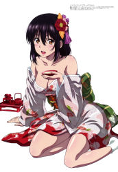 Rule 34 | 1girl, absurdres, arm support, bare shoulders, black hair, blush, breasts, brown eyes, cleavage, clothes lift, collarbone, cup, floral print, flower, furukawa hideki, hair between eyes, hair flower, hair ornament, highres, himeragi yukina, japanese clothes, kimono, looking at viewer, medium breasts, megami magazine, no bra, obi, official art, open clothes, open shirt, print kimono, red kimono, sakazuki, sash, scan, simple background, sitting, skirt, skirt lift, smile, solo, strike the blood, teeth, upper teeth only, white background