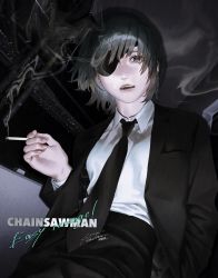 Rule 34 | 1girl, black hair, black jacket, black necktie, black pants, breasts, chainsaw man, cigarette, collared shirt, copyright name, dark background, formal, highres, himeno (chainsaw man), holding, holding cigarette, jacket, k041800, looking at viewer, medium breasts, necktie, night, night sky, open mouth, pants, shirt, shirt tucked in, short hair, sky, smoke, solo, suit, suit jacket, white shirt