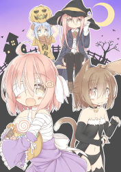 Rule 34 | 1boy, 3girls, :3, :d, animal ear legwear, animal ears, arms up, ayanepuna, bandage over one eye, bare shoulders, bare tree, bell, black choker, black dress, black gloves, black hat, black legwear, black panties, black robe, blue eyes, blue hair, blush, bow, bowtie, brooch, broom, brown eyes, brown footwear, brown hair, brown neckwear, brown shirt, candy, candy cane, candy wrapper, cat ear legwear, cat ears, cat girl, cat tail, chocolate, choker, closed mouth, clothes writing, collarbone, collared shirt, commentary request, crescent moon, detached sleeves, dress, dress shirt, elbow gloves, fang, fang out, fangs, fingerless gloves, fingernails, food, frilled dress, frills, fur trim, gloves, gradient background, hair between eyes, hair ornament, hair ribbon, halloween, halloween bucket, hat, highres, hood, hood down, hooded robe, ii (ayanepuna), jack-o&#039;-lantern, jewelry, jingle bell, kemonomimi mode, kuu (ayanepuna), loafers, lollipop, long fingernails, long hair, long sleeves, mei (ayanepuna), moon, multiple girls, navel, neck bell, on head, one side up, open clothes, open mouth, open robe, original, panties, pink background, pink hair, pleated skirt, purple background, purple dress, red skirt, ribbon, robe, sharp fingernails, shirt, shoes, short sleeves, sidelocks, sitting, skirt, smile, strapless, strapless dress, sweat, sweatband, swirl lollipop, tail, thighhighs, tree, underwear, very long hair, white bow, white ribbon, white shirt, wide sleeves, witch hat, wristband, yune (ayanepuna)