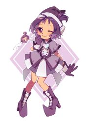 Rule 34 | 1girl, blush, boots, brooch, capelet, chinese commentary, closed mouth, commentary request, dress, fairy, full body, gloves, hand up, hat, heart, heart brooch, jewelry, kazhi, knee boots, looking at viewer, magical girl, ojamajo doremi, one eye closed, one side up, pointy footwear, purple capelet, purple dress, purple eyes, purple footwear, purple gloves, purple hair, purple hat, roro (ojamajo doremi), segawa onpu, short hair, smile, solo, standing, witch hat