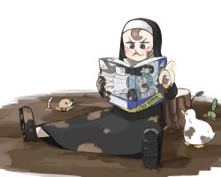 Rule 34 | 1girl, banana, bird, black dress, black footwear, blush, book, boots, brown hair, commentary, dirty, dirty clothes, diva (hyxpk), dress, duck, eating, english commentary, food, food on face, froggy nun (diva), fruit, habit, highres, holding, meta, mole, mud, nun, open book, original, reading, sitting, solo, spread legs, traditional nun, tree stump, triangle mouth, v-shaped eyebrows, veil, white background, worm