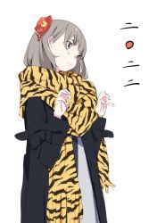 Rule 34 | 1girl, animal print, black coat, brown eyes, chinese zodiac, claw pose, closed mouth, coat, flower, grey background, grey hair, hair flower, hair ornament, highres, open clothes, open coat, original, popman3580, red flower, scarf, simple background, smile, solo, tiger print, year of the tiger, yellow scarf