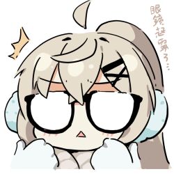 Rule 34 | 1girl, ahoge, blonde hair, blue archive, blush, chestnut mouth, chibi, commentary request, earmuffs, fogged glasses, glasses, kotama (blue archive), kotama (camp) (blue archive), long sleeves, official alternate costume, ponytail, rotix, scarf, solo, translation request