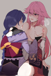 Rule 34 | 2girls, animal ears, bare shoulders, blush, braid, grabbing another&#039;s breast, breast sucking, breasts, bridal gauntlets, closed eyes, closed mouth, detached sleeves, fox ears, genshin impact, grabbing, grey background, hair between eyes, hand on another&#039;s neck, heart, highres, hinagi (fox priest), japanese clothes, kimono, lactation, large breasts, long hair, long sleeves, mitsudomoe (shape), mole, mole under eye, multiple girls, open mouth, pink hair, purple eyes, purple hair, raiden shogun, sash, simple background, smile, steaming body, tomoe (symbol), wide sleeves, yae miko, yuri