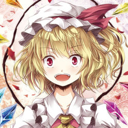 Rule 34 | 1girl, ascot, bad id, bad pixiv id, blonde hair, female focus, flandre scarlet, hat, hat ribbon, lowres, open mouth, petals, red eyes, ribbon, shirt, short hair, side ponytail, smile, solo, tamago gohan, touhou, upper body, vest, wings