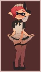 Rule 34 | 1boy, blush, bow, bowtie, brown background, clothes lift, crossdressing, domino mask, dress, erection, fridge (artist), functionally nude, highres, inkling player character, large penis, maid, maid headdress, male focus, mask, nintendo, penis, pigeon-toed, pink hair, pointy ears, purple eyes, ribbon, shoes, skirt, skirt lift, smile, solo, splatoon (series), tentacle hair, testicles, thighhighs, trap, uncensored, wide hips