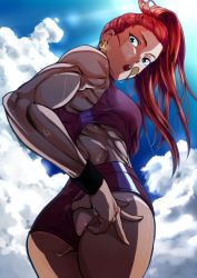 1girl abs adjusting_clothes adjusting_legwear ass bare_shoulders bokkusu breasts captain_mizuki earrings female_focus from_below jewelry medium_breasts midriff muscular muscular_female one-punch_man open_mouth ponytail solo sports_bra sweat