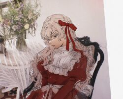 Rule 34 | 1girl, belt, blonde hair, bow, chair, closed mouth, curly hair, dress, expressionless, film grain, flower, frilled shirt, frills, hair bow, highres, indoors, juliet sleeves, lace, long hair, long sleeves, looking at viewer, machihazure, original, photo background, profile, puffy sleeves, purple eyes, purple flower, red bow, red dress, shirt, sitting, sketch, solo, upper body, vase, white belt, yellow flower