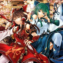 Rule 34 | 2girls, adapted costume, arkatopia, bead bracelet, beads, blue eyes, bow, bracelet, bridal gauntlets, brown eyes, brown hair, cherry blossoms, clenched hand, green hair, hair bow, hair ornament, hair tubes, hakurei reimu, jewelry, kochiya sanae, long hair, looking at viewer, multiple girls, outstretched hand, reaching, reaching towards viewer, sidelocks, skirt, skirt set, smile, thighhighs, touhou