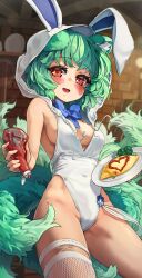 Rule 34 | 1girl, absurdres, animal ears, blush, breasts, commission, fake animal ears, fishnet thighhighs, fishnets, food, food writing, green hair, highres, holding, holding plate, hood, ketchup, ketchup bottle, medium breasts, melaton, omelet, omurice, open mouth, original, plate, rabbit ears, sideboob, skeb commission, solo, thighhighs
