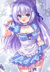 Rule 34 | 1girl, absurdres, animal ears, apron, blue eyes, blush, bow, breasts, cat ears, cat tail, choker, cleavage, clothes lift, dress, fang, flower, frilled choker, frills, garter straps, grey hair, hair ornament, highres, hinao, long hair, looking at viewer, maid, medium breasts, nose blush, open mouth, original, short dress, short sleeves, skirt, skirt lift, smile, solo, sparkle, star (symbol), star hair ornament, striped clothes, striped dress, tail, tail bow, tail ornament, thighhighs, v-shaped eyebrows, very long hair, waist apron, wrist cuffs