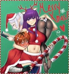 Rule 34 | 1boy, 2girls, absurdres, animal ears, antlers, ass, bandages, black hair, black pantyhose, book, candy, candy cane, capelet, christmas, cropped shirt, deer ears, djwhiteboooty, elf, fake animal ears, fake antlers, fern (sousou no frieren), food, frieren, fur-trimmed capelet, fur-trimmed headwear, fur-trimmed skirt, fur trim, grey hair, hat, highres, holding, holding book, holding candy, holding candy cane, holding food, horns, leotard, long hair, multicolored hair, multiple girls, navel, pantyhose, pointy ears, purple eyes, purple hair, red capelet, red hair, red headwear, red shirt, red skirt, reindeer antlers, santa costume, santa hat, shirt, skirt, sleeveless, sleeveless shirt, sousou no frieren, stark (sousou no frieren), twintails, two-tone hair, white leotard, wrist wrap