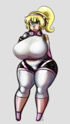 Rule 34 | 1girl, aegis (persona), artist request, bimbofication, blonde hair, blue eyes, bodysuit, bow, breasts, confused, curvy, eyelashes, eyeshadow, female focus, gynoid, high heels, highres, huge breasts, leotard, lips, lipstick, makeup, persona, persona 3, ponytail, ribbon, robot, robot girl, short hair, solo, standing, thick thighs, thighhighs, thighs, video game, white leotard, white thighhighs, wide hips