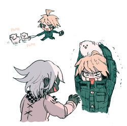 Rule 34 | &gt; &lt;, 2boys, absurdres, ahoge, android, animal, animal on head, arm belt, basket, belt, black scarf, blonde hair, checkered clothes, checkered scarf, chibi, commentary request, cropped torso, cross-laced jacket, danganronpa (series), danganronpa v3: killing harmony, dog, dog on head, full body, grey eyes, highres, holding, holding animal, holding basket, holding dog, holding leash, jacket, k1-b0, leash, male focus, motion lines, multiple boys, multiple views, oma kokichi, on head, open mouth, outstretched arms, pet walking, pomeranian (dog), romaji text, sarami (sa rami30), scared, scarf, shaded face, short hair, simple background, smile, trembling, two-tone scarf, white background, white belt, white dog, white hair, white jacket, white scarf