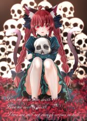 Rule 34 | 1girl, :d, ahoge, animal ear fluff, animal ears, blurry, blurry background, blush, braid, cat ears, cat tail, dress, english text, flower, green dress, hair between eyes, holding, holding skull, juliet sleeves, kaenbyou rin, knees up, leon no neko, long hair, long sleeves, looking at viewer, multiple tails, nekomata, open mouth, puffy sleeves, red eyes, red flower, red hair, simple background, sitting, skull, smile, solo, spider lily, tail, touhou, twin braids, two tails, very long hair