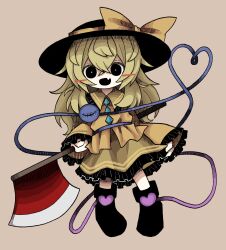 Rule 34 | 1girl, axe, black eyes, black footwear, black hat, blush, blush stickers, boots, bright pupils, buttons, diamond (shape), diamond button, fang, fang out, green hair, hat, hat ribbon, heart, highres, holding, holding axe, holding weapon, komeiji koishi, long hair, long sleeves, open mouth, ribbon, ribbon-trimmed clothes, ribbon-trimmed skirt, ribbon-trimmed sleeves, ribbon trim, shaded face, shirt, simple background, sleeves past wrists, smile, stitched eye, stitches, third eye, touhou, weapon, white pupils, yellow ribbon, yellow shirt, zunusama