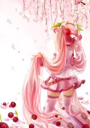 Rule 34 | 1girl, boots, cherry, cherry blossoms, detached sleeves, dress, food, from behind, fruit, hatsune miku, issign, kneeling, long hair, name connection, object namesake, pink dress, pink footwear, pink hair, pink skirt, pink thighhighs, sakura miku, skirt, solo, thigh boots, thighhighs, twintails, very long hair, vocaloid