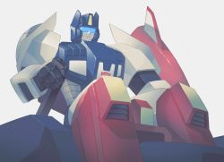 Rule 34 | assault visor, autobot, frostedmirror, highres, holding, looking ahead, mecha, no humans, robot, science fiction, smile, solo, star saber (transformers), transformers, transformers victory, white background