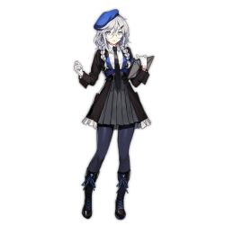 Rule 34 | 1girl, beret, black footwear, black jacket, black necktie, blue eyes, blue hat, blue pantyhose, boots, braid, breasts, clenched hand, cross-laced footwear, expressionless, full body, girls&#039; frontline, glasses, gloves, grey hair, grey skirt, hair ornament, hairclip, hat, high-waist skirt, holding, holding tablet pc, infukun, jacket, knee boots, lace-up boots, long sleeves, medium breasts, necktie, official art, pantyhose, parted lips, pleated skirt, semi-rimless eyewear, shirt, sier (girls&#039; frontline), simple background, skirt, solo, standing, tablet pc, transparent background, twin braids, white gloves, white shirt