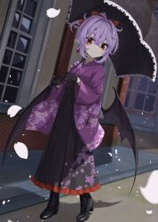 Rule 34 | 1girl, akisome hatsuka, alternate costume, bat wings, black footwear, black umbrella, closed mouth, commentary request, full body, holding, holding umbrella, japanese clothes, kimono, outdoors, purple hair, purple kimono, red eyes, remilia scarlet, short hair, smile, solo, touhou, umbrella, wings