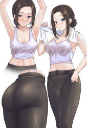 Rule 34 | 1girl, absurdres, alternate hairstyle, armpits, arms up, ass, bang dream!, bare arms, bare shoulders, black pants, blue eyes, blush, breasts, brown hair, cleavage, closed mouth, collarbone, commentary request, crop top, cropped legs, cropped torso, feet out of frame, from behind, hair bun, hand on own hip, hand up, highres, holding, holding towel, looking at viewer, lower body, medium breasts, midriff, multiple views, navel, pants, pantylines, parted bangs, parted lips, ptal, short hair, sidelocks, simple background, single hair bun, standing, stomach, sweat, tank top, towel, upper body, wakana rei, white background, white tank top, yoga pants