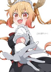 Rule 34 | 1girl, :d, absurdres, commentary, dragon girl, gloves, highres, kobayashi-san chi no maidragon, long hair, looking at viewer, maid, maid headdress, open mouth, orange eyes, orange hair, simple background, slit pupils, smile, solo, tohru (maidragon), twintails, twitter username, white background, white gloves, white gorilla (okamoto)