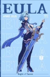 Rule 34 | 1girl, ass, back cutout, bare back, black hairband, black shorts, black thighhighs, blue background, blue hair, character name, clothing cutout, commentary, dated, eula (genshin impact), full body, genshin impact, gloves, hairband, high heels, highres, holding, holding sword, holding weapon, juliet sleeves, long sleeves, looking at viewer, mitiglinide, pixel art, puffy sleeves, reverse grip, shirt, short hair, short shorts, shorts, simple background, solo, standing, sword, thighhighs, weapon, white shirt, yellow eyes