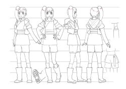 Rule 34 | 1girl, back, boots, brown hair, concept art, grey eyes, hands on own hips, japanese clothes, kara (star wars), kimono, long sleeves, monochrome, official art, ponytail, production i.g, production ig, shoes, short hair, short pants, side ponytail, sideways, sketch, smile, socks, star wars, star wars: visions, tied, white background