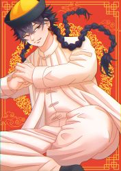 Rule 34 | 1boy, absurdres, black eyes, black hair, blue period, braid, chinese clothes, chinese hat, earrings, hashida haruka, highres, jewelry, long sleeves, looking at viewer, male focus, momomorierimo, one eye closed, own hands together, pants, red background, sitting, twin braids, white pants