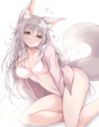 Rule 34 | 1girl, animal ear fluff, animal ears, bed sheet, between legs, bow, bow bra, bra, breasts, cleavage, closed mouth, collarbone, commentary request, drawstring, feet out of frame, fox ears, fox girl, fox tail, grey hair, hair between eyes, hand between legs, hand up, heart, highres, hood, hood down, hooded jacket, jacket, long sleeves, lying, medium breasts, navel, on side, open clothes, open jacket, original, pink jacket, sleeves past wrists, smile, solo, tail, tateha (marvelous grace), underwear, white background, white bra, yellow eyes