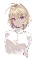 Rule 34 | 1girl, antenna hair, arcueid brunestud, arms behind back, asymmetrical hair, blonde hair, breasts, bright pupils, duplicate, highres, jewelry, light blush, locked arms, long sleeves, looking at viewer, necklace, parted lips, pixel-perfect duplicate, red eyes, sapysha, short hair, sidelocks, simple background, single hair intake, slit pupils, solo, sweater, tsukihime, tsukihime (remake), tsurime, turtleneck, turtleneck sweater, white background, white pupils, white sweater