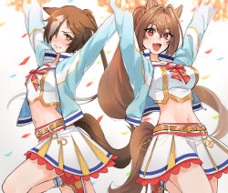 Rule 34 | 2girls, alternate hairstyle, animal ears, arm up, belt, blue jacket, blush, breasts, brown hair, clenched teeth, confetti, cosplay, crop top, daiwa scarlet (umamusume), fang, hair intakes, hair over one eye, high collar, high tops, highres, holding, holding pom poms, horse ears, horse girl, horse tail, jacket, layered skirt, leg up, long hair, long sleeves, looking at viewer, medium breasts, midriff, multicolored hair, multiple girls, navel, nice nature (run&amp;win) (umamusume), nice nature (umamusume), nice nature (umamusume) (cosplay), open clothes, open jacket, open mouth, pom pom (cheerleading), pom poms, ponytail, red eyes, red footwear, sarachi (sara dayluv), shirt, shoes, skin fang, skirt, small breasts, smile, sneakers, socks, sweatdrop, tail, teeth, two-tone hair, umamusume, vodka (umamusume), white shirt, white skirt, yellow eyes
