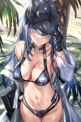 Rule 34 | 1girl, bikini, black gloves, black hat, blue archive, blue bikini, blue eyes, blue hair, blush, breasts, cleavage, closed mouth, collarbone, commentary, from above, gloves, gun, halo, hat, highres, himonoata, large breasts, long hair, long sleeves, looking at viewer, navel, open clothes, outdoors, saori (blue archive), solo, stomach, swimsuit, weapon
