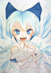 Rule 34 | 1girl, blue eyes, blue hair, bow, cirno, foreshortening, hair bow, m-shiganai, marker (medium), matching hair/eyes, might shiganai, millipen (medium), solo, embodiment of scarlet devil, touhou, traditional media, wings
