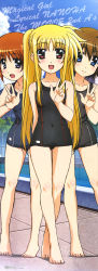 Rule 34 | 3girls, :d, absurdres, arm behind back, barefoot, black school swimsuit, blonde hair, blue eyes, blush, body blush, brown hair, building, chain-link fence, cloud, covered navel, crossed legs, double vertical stripe, fate testarossa, feet, fence, flat chest, hair between eyes, hashimoto takayoshi, highres, huge filesize, incredibly absurdres, legs, long hair, long image, lyrical nanoha, mahou shoujo lyrical nanoha, mahou shoujo lyrical nanoha a&#039;s, mahou shoujo lyrical nanoha the movie 2nd a&#039;s, megami magazine, multiple girls, official art, one-piece swimsuit, open mouth, orange hair, outdoors, parted bangs, pool, poolside, red eyes, scan, school swimsuit, short hair, sky, smile, stick poster, swimsuit, takamachi nanoha, tall image, tile floor, tiles, tiptoes, toes, tree, twintails, v, very long hair, water, yagami hayate